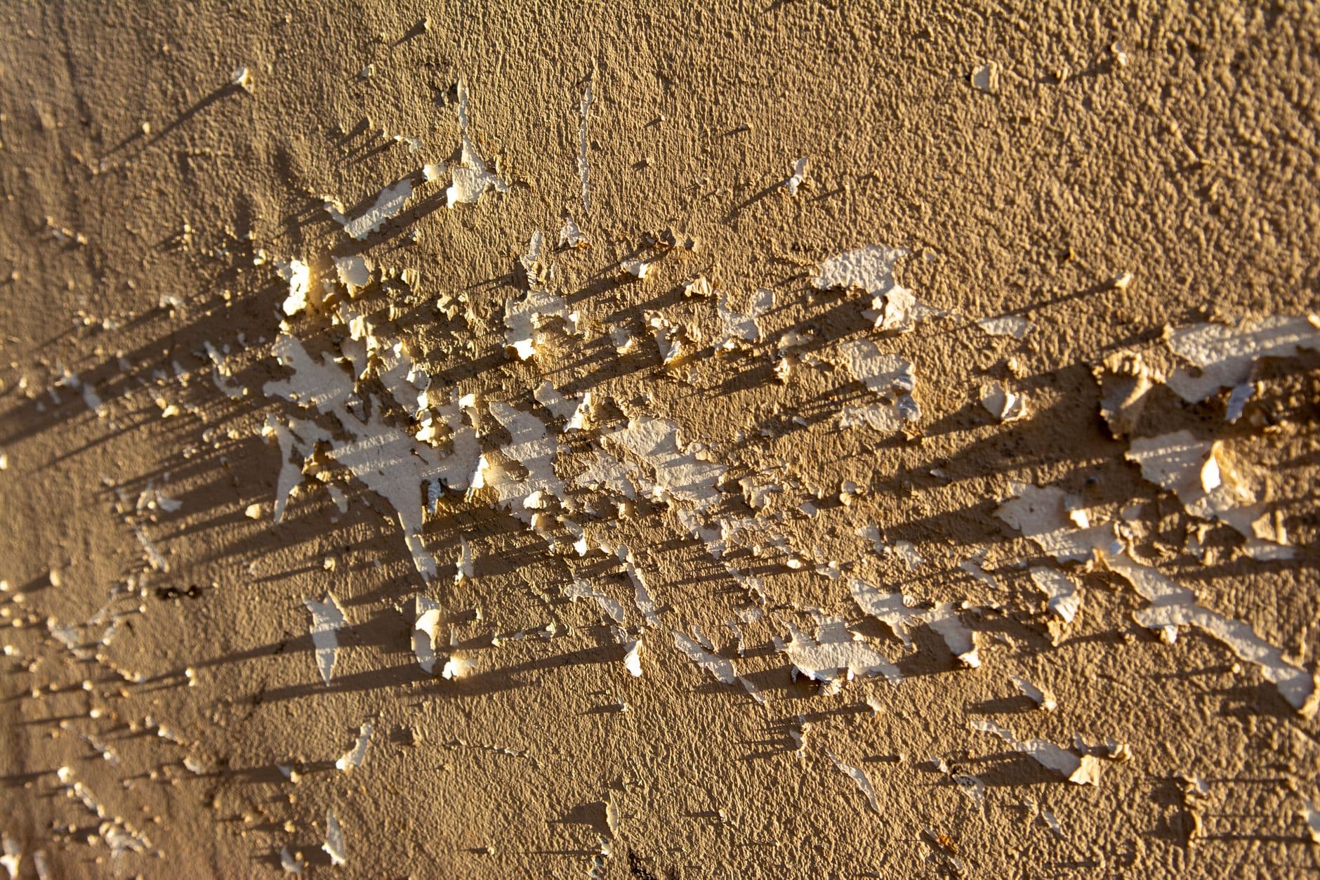 A sunlit rendered wall where white paint has flaked away in patches, exposing the surface beneath.